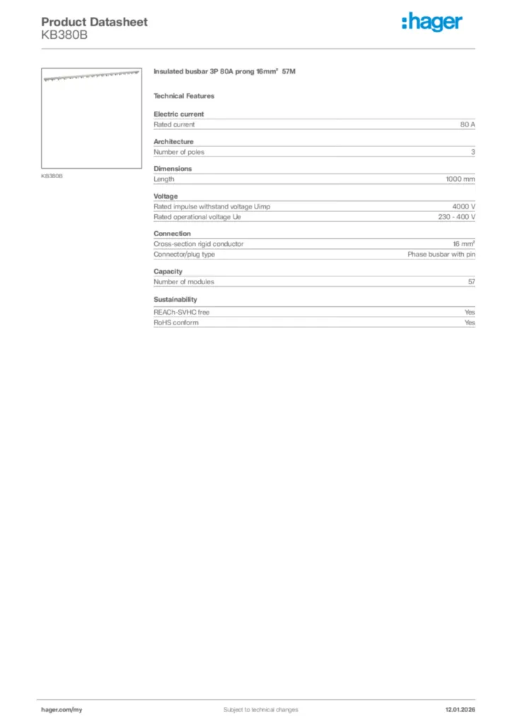 Image Hager Product data sheet KB380B  | Hager