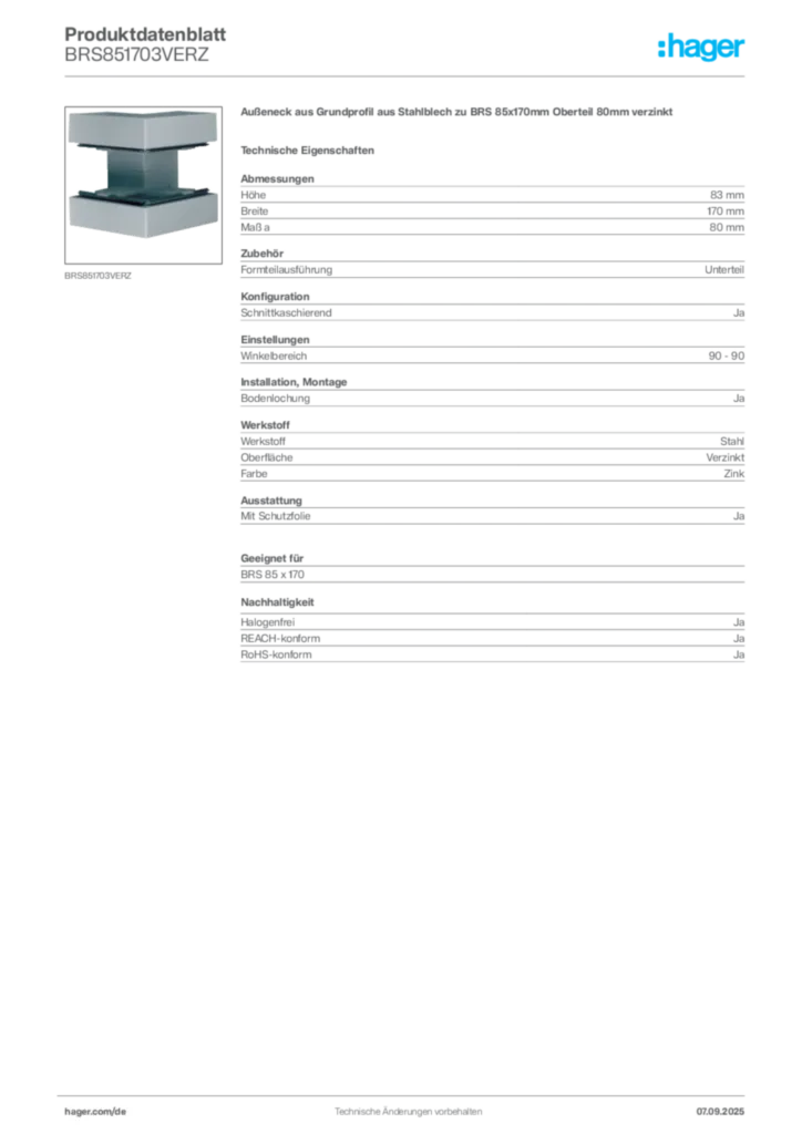Bild Hager Produktdatenblatt BRS851703VERZ | Hager Deutschland