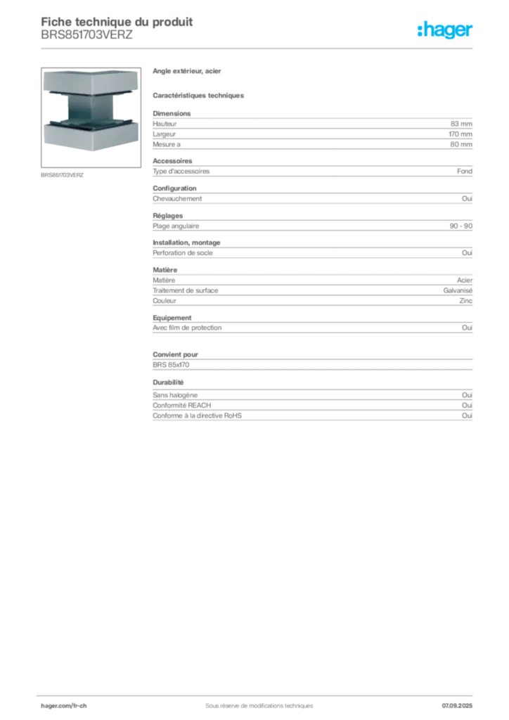 Image Hager Fiche technique du produit BRS851703VERZ | Hager Suisse
