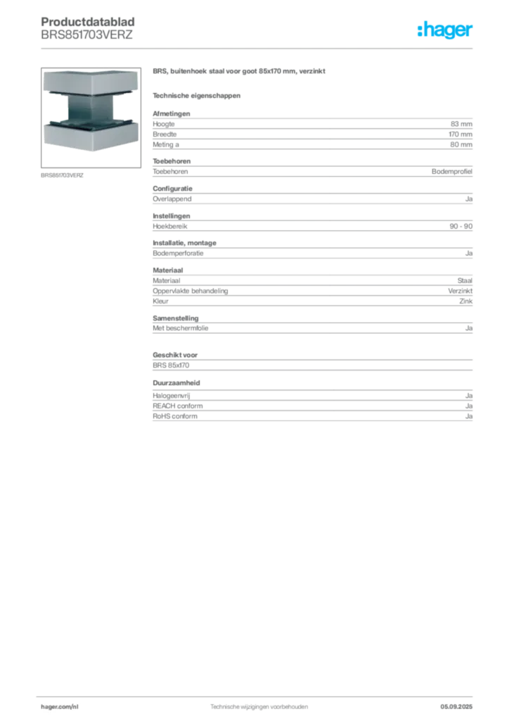 Afbeelding Hager Productdatablad BRS851703VERZ | Hager Nederland