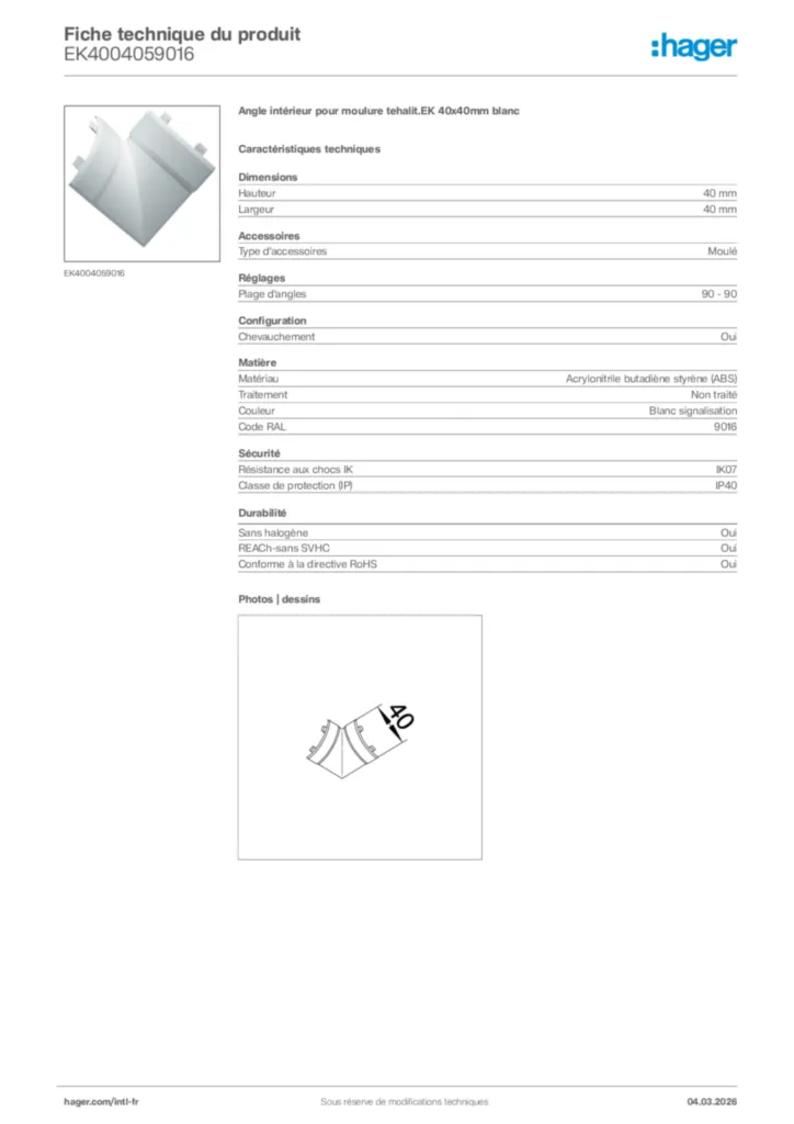 Image Hager Fiche technique du produit EK4004059016 | Hager Afrique