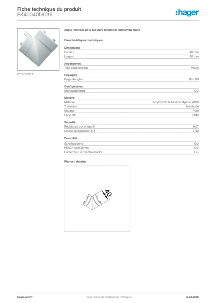 Image Hager Fiche technique du produit EK4004059016 | Hager France