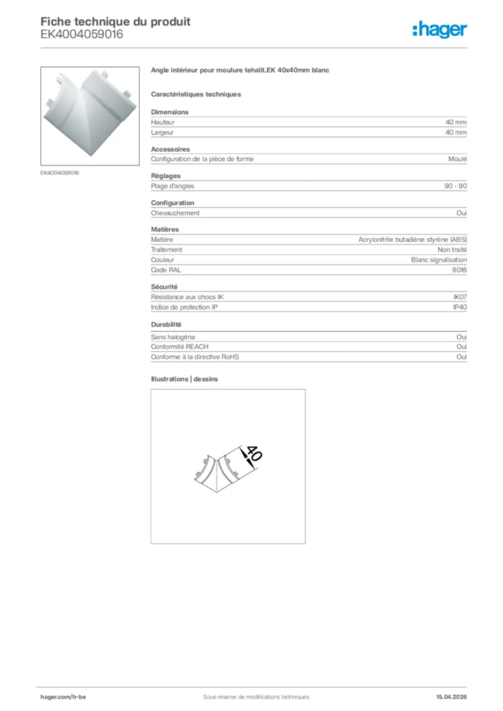 Image Hager Fiche technique du produit EK4004059016 | Hager Belgique