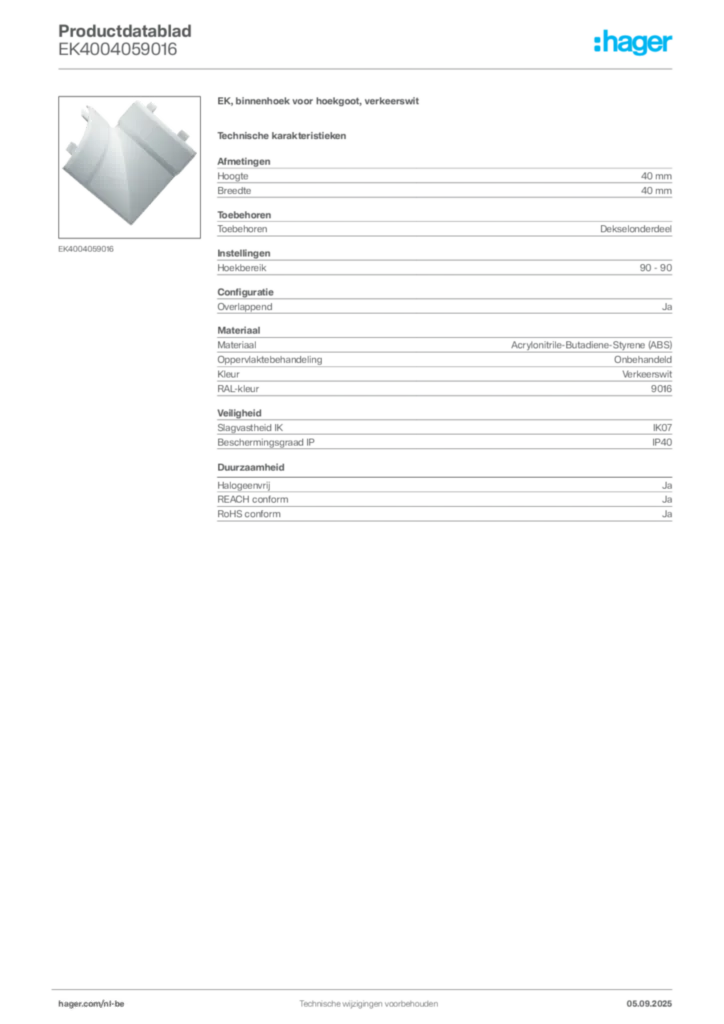 Afbeelding Hager Productdatablad EK4004059016 | Hager Belgium
