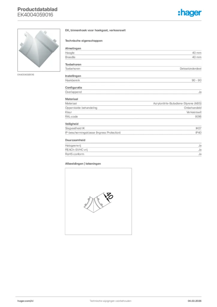Afbeelding Hager Productdatablad EK4004059016 | Hager Nederland