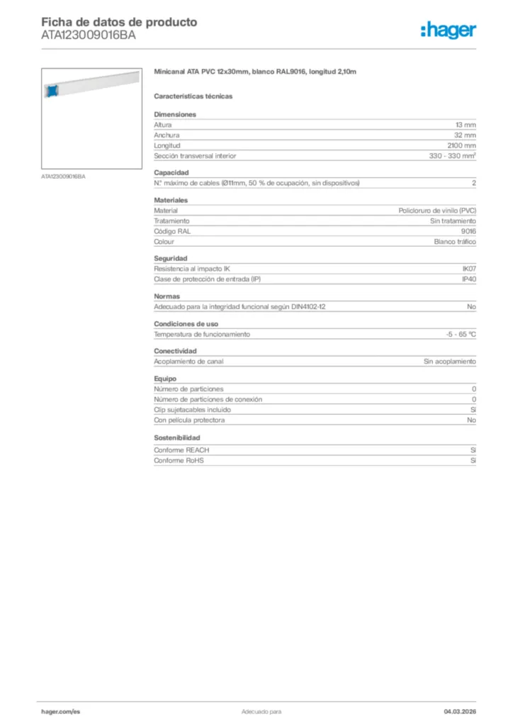 Imagen Hager Ficha de datos de producto ATA123009016BA | Hager España