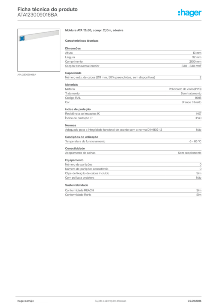 Imagem Hager Ficha técnica do produto ATA123009016BA | Hager Portugal