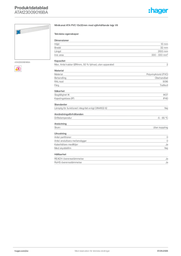 Bild Hager Produktdatablad ATA123009016BA | Hager Sverige