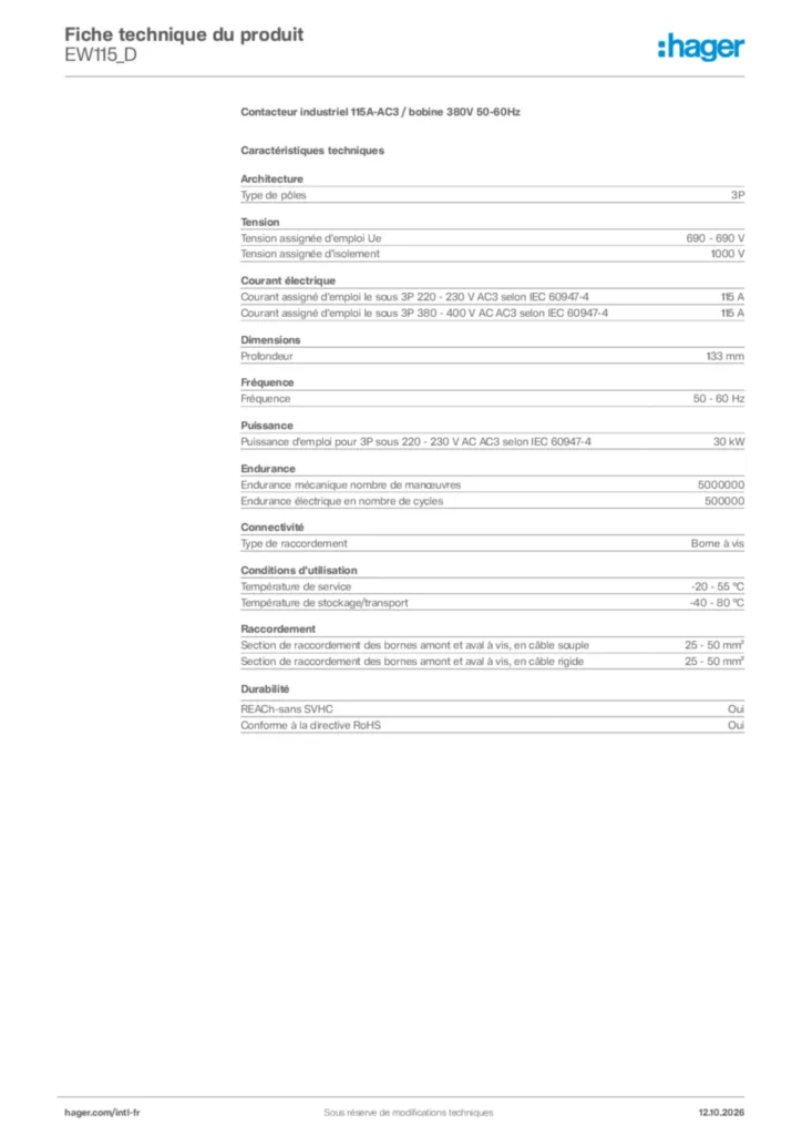 Image Hager Fiche technique du produit EW115_D | Hager Afrique