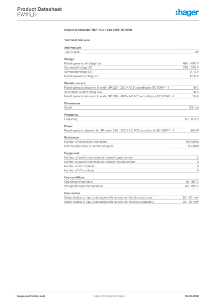 Image Hager Product data sheet EW115_D  | Hager