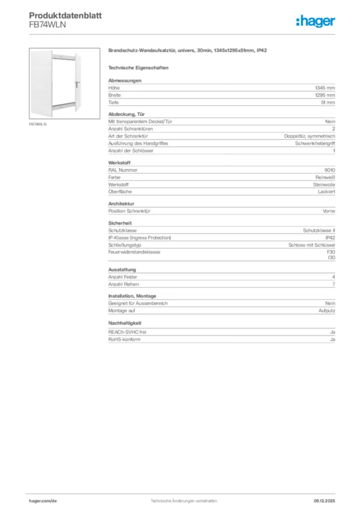 Hager Produktdatenblatt FB74WLN