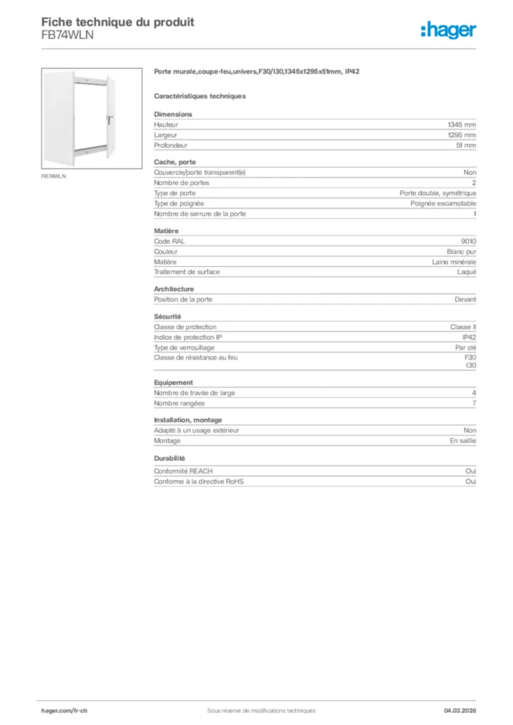 Image Hager Fiche technique du produit FB74WLN | Hager Suisse