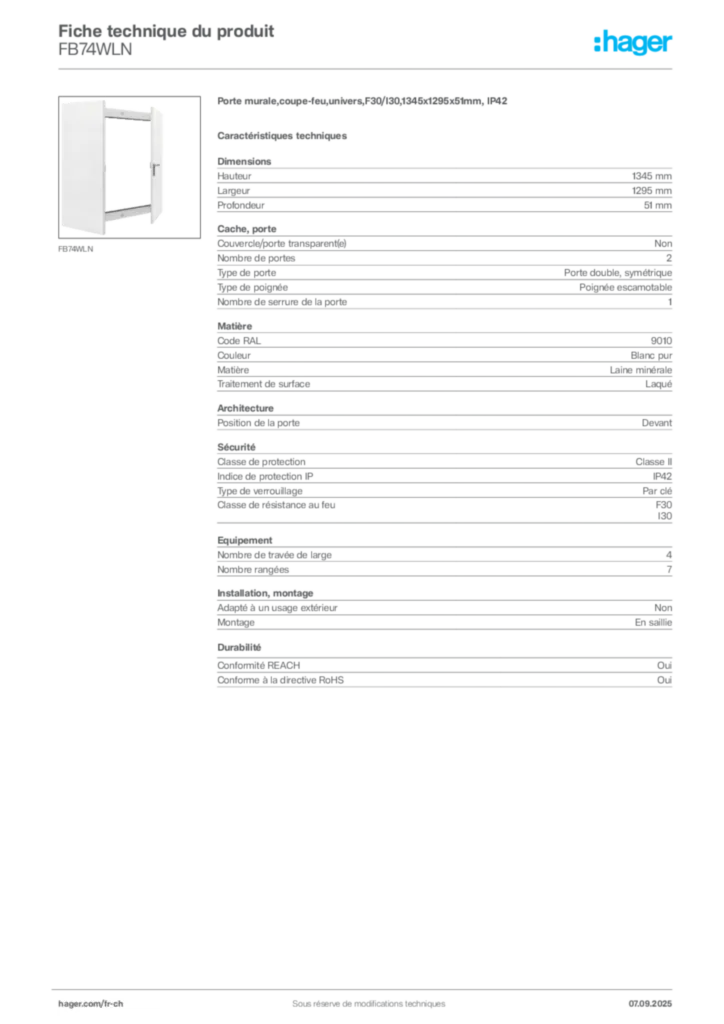 Image Hager Fiche technique du produit FB74WLN | Hager Suisse