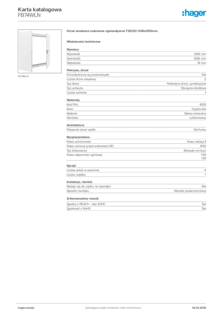 Zdjęcie Hager Karta katalogowa FB74WLN | Hager Polska