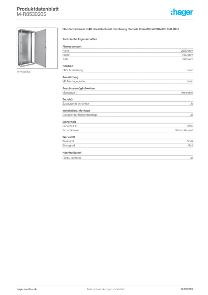 Bild Hager Produktdatenblatt M-R853020S | Hager Schweiz