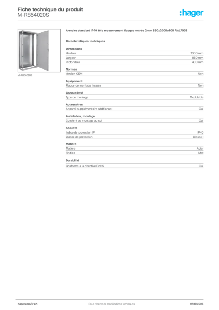 Image Hager Fiche technique du produit M-R854020S | Hager Suisse