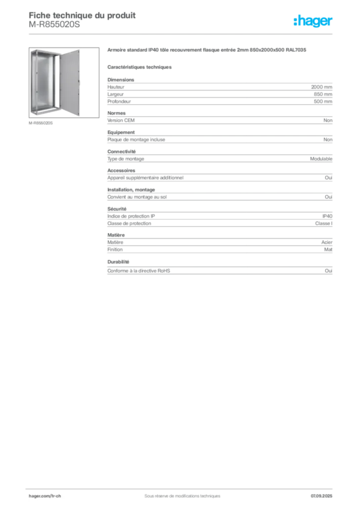 Image Hager Fiche technique du produit M-R855020S | Hager Suisse