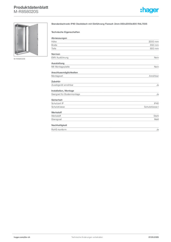 Bild Hager Produktdatenblatt M-R858020S | Hager Schweiz