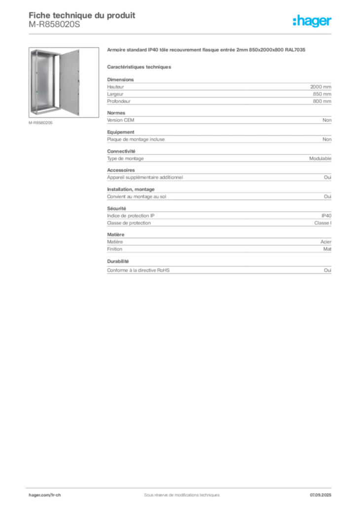 Image Hager Fiche technique du produit M-R858020S | Hager Suisse
