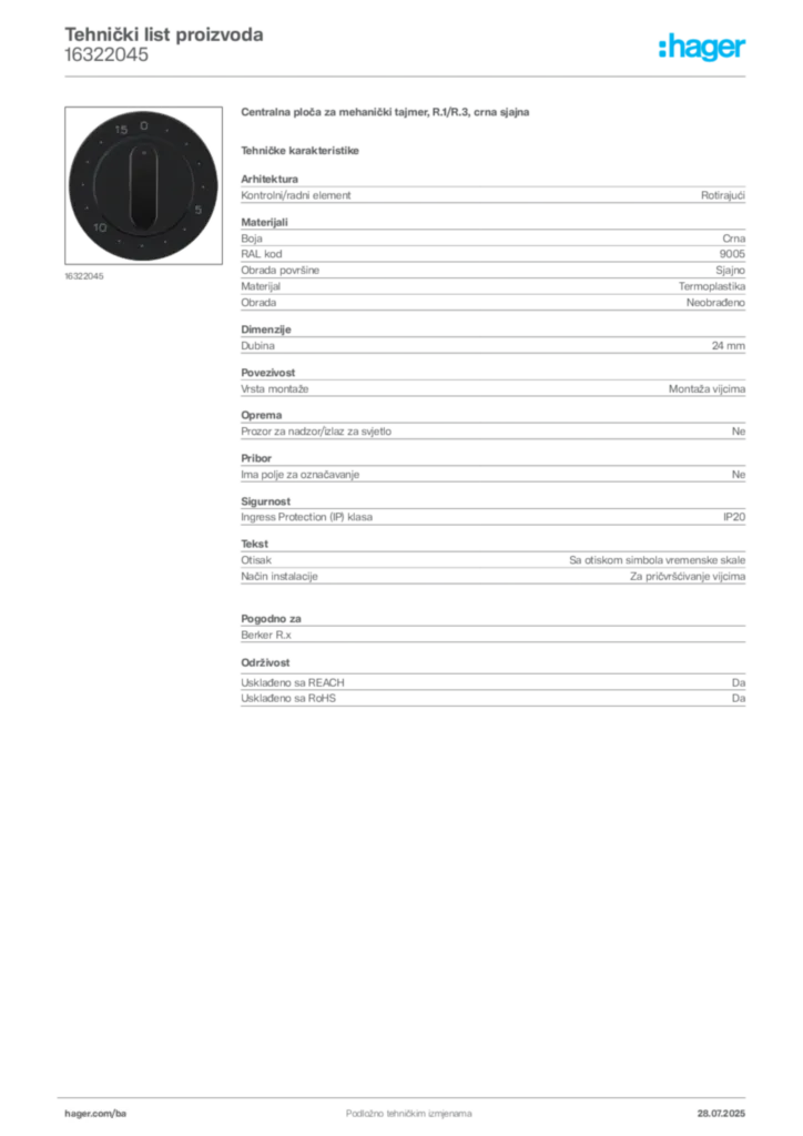 Slika Hager Product data sheet 16322045  | Hager