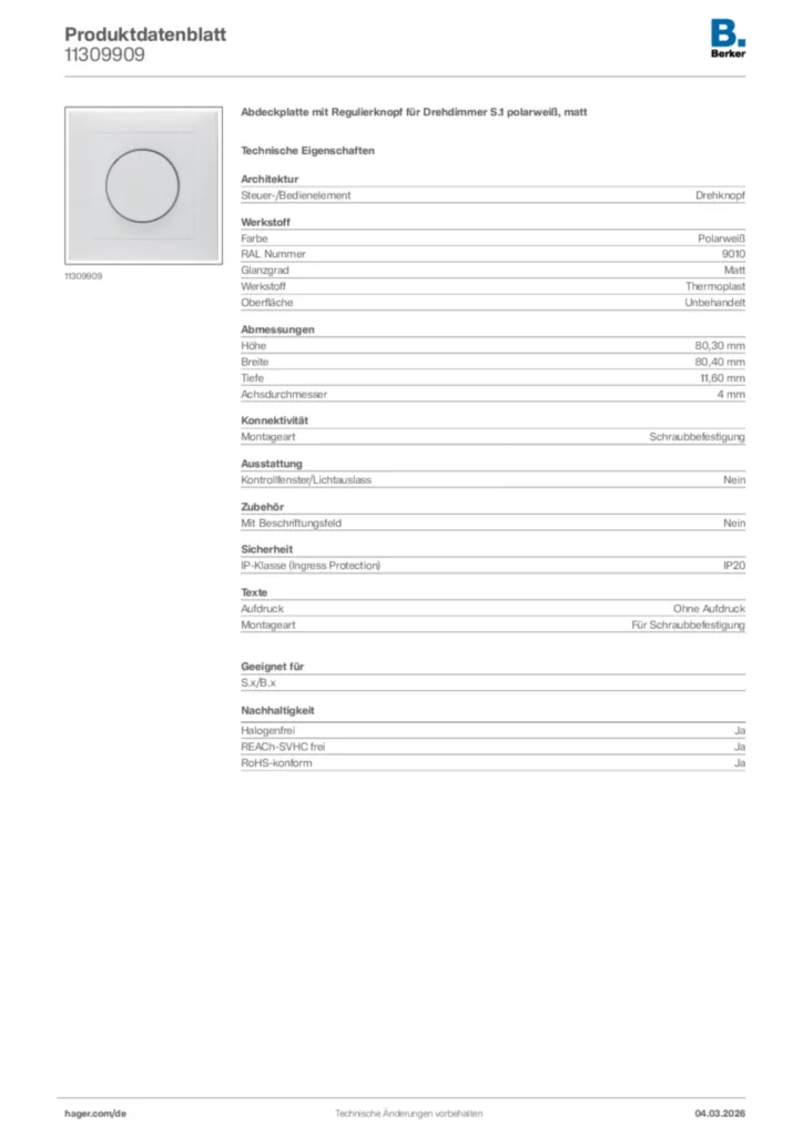 Bild Berker Produktdatenblatt 11309909 | Hager Deutschland