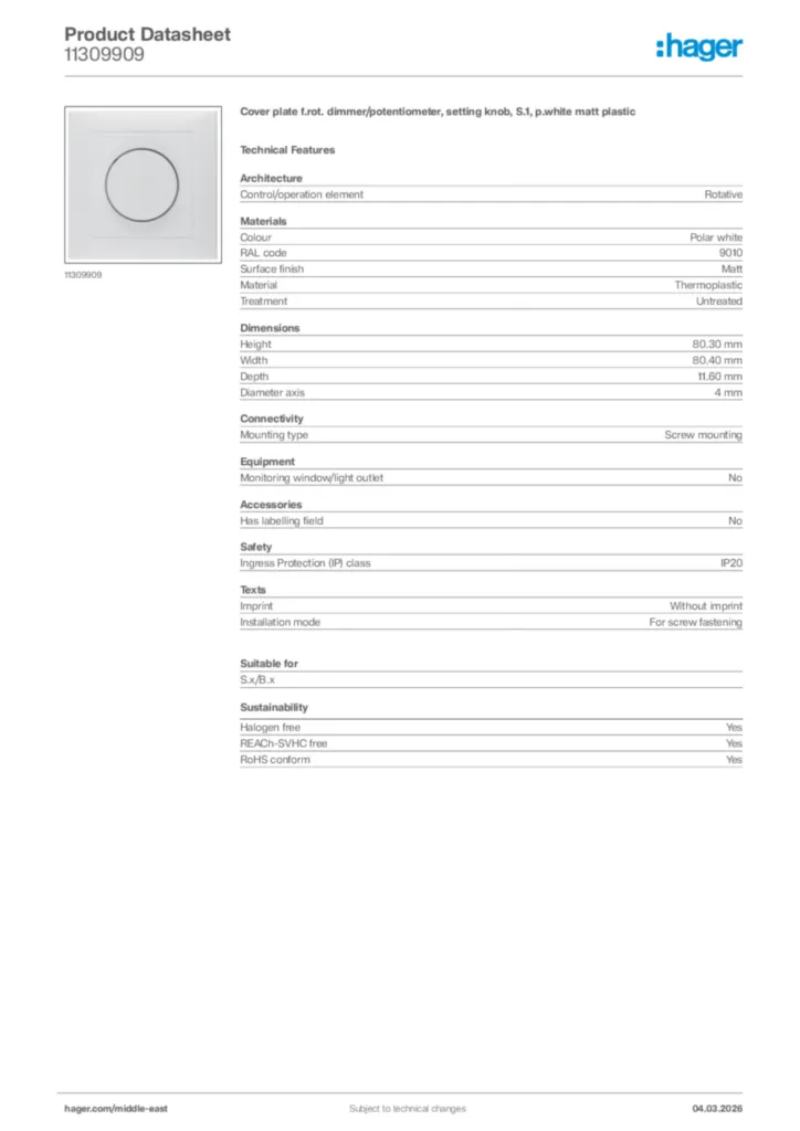 Image Hager Product data sheet 11309909  | Hager