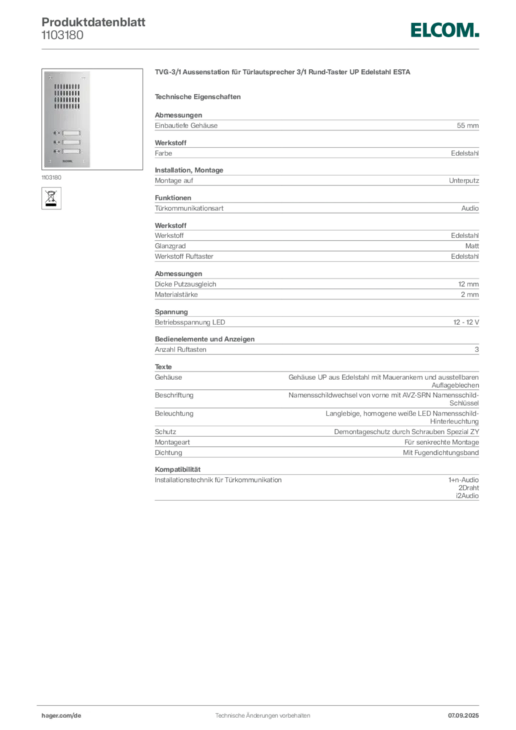 Bild Elcom Produktdatenblatt 1103180 | Hager Deutschland