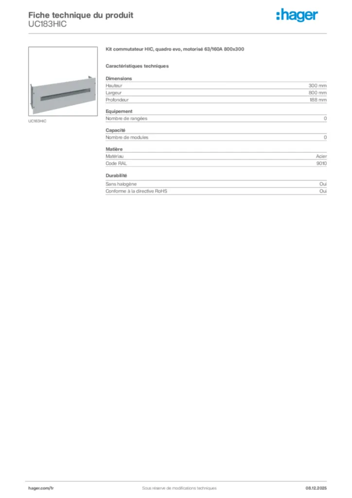 Image Hager Fiche technique du produit UC183HIC | Hager France