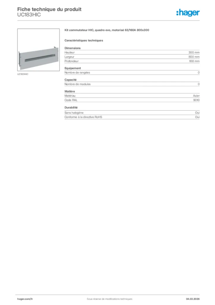 Image Hager Fiche technique du produit UC183HIC | Hager France