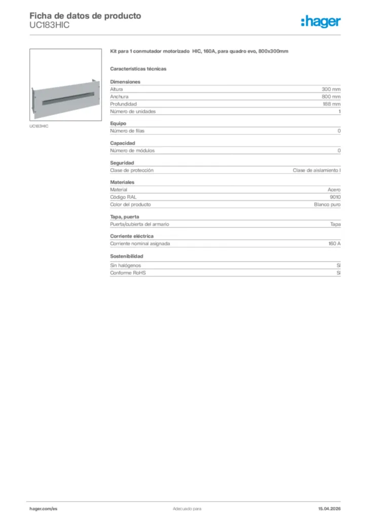 Imagen Hager Ficha de datos de producto UC183HIC | Hager España