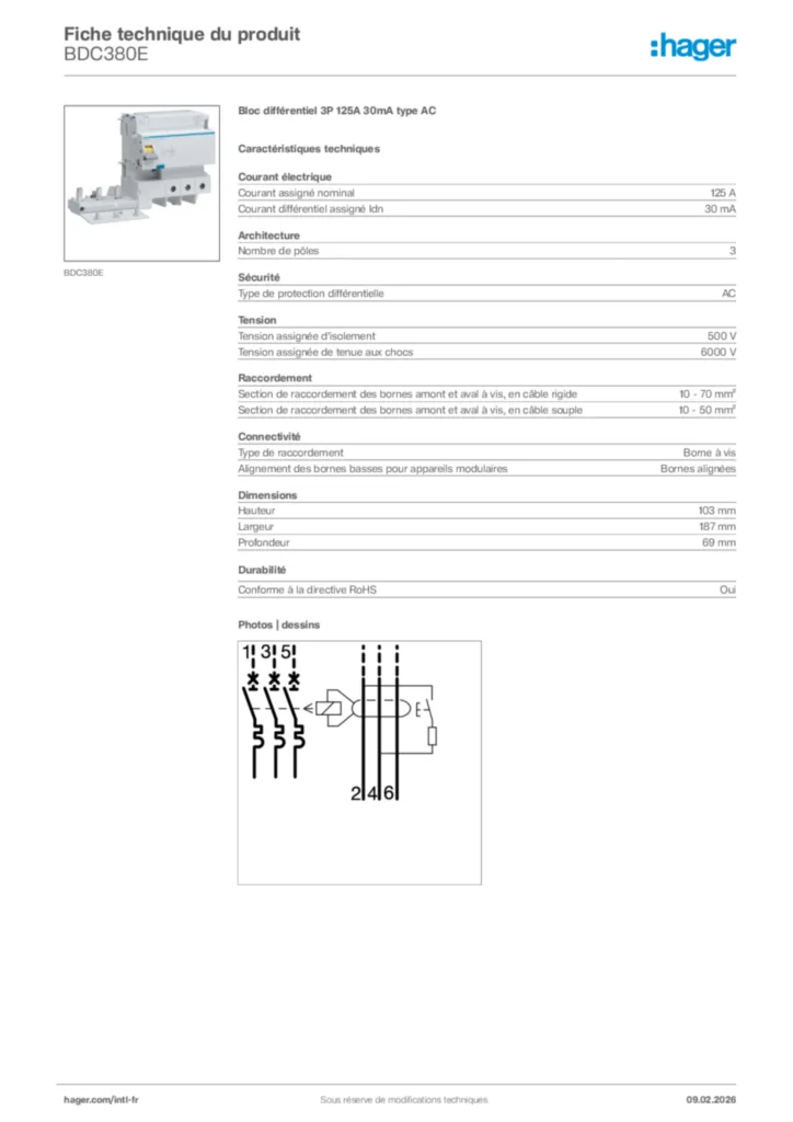 Image Hager Fiche technique du produit BDC380E | Hager Afrique