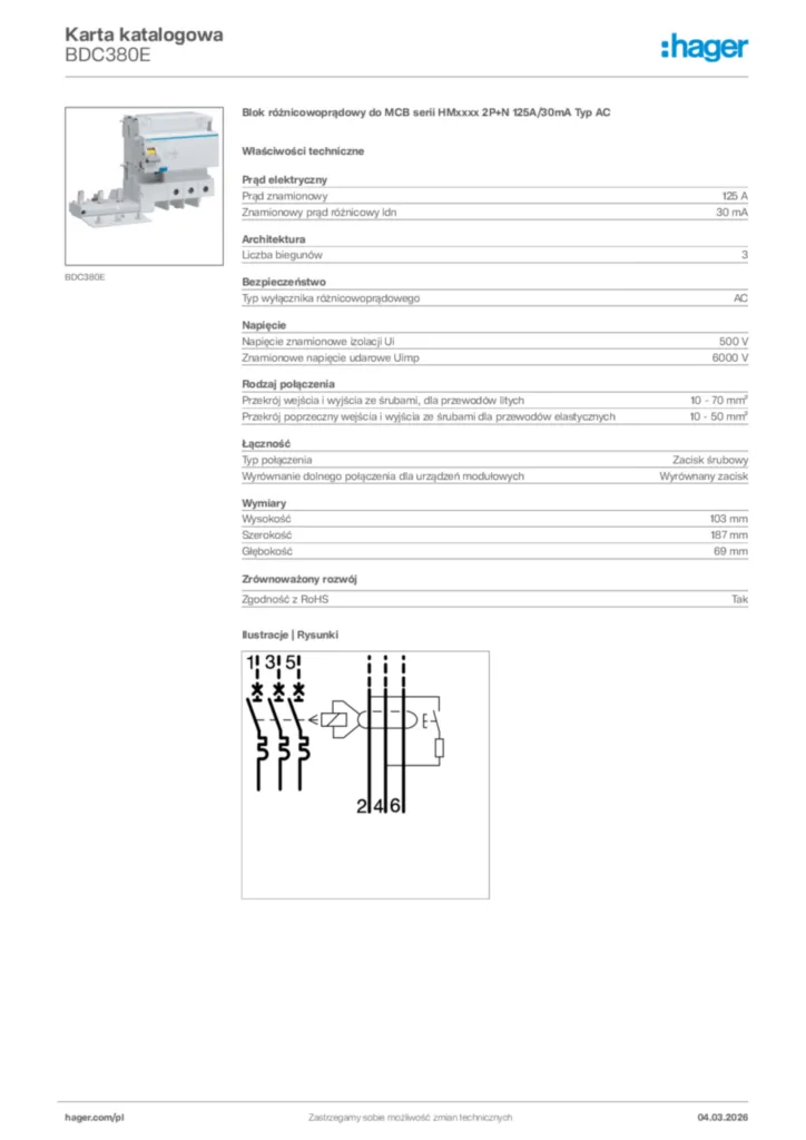 Zdjęcie Hager Karta katalogowa BDC380E | Hager Polska