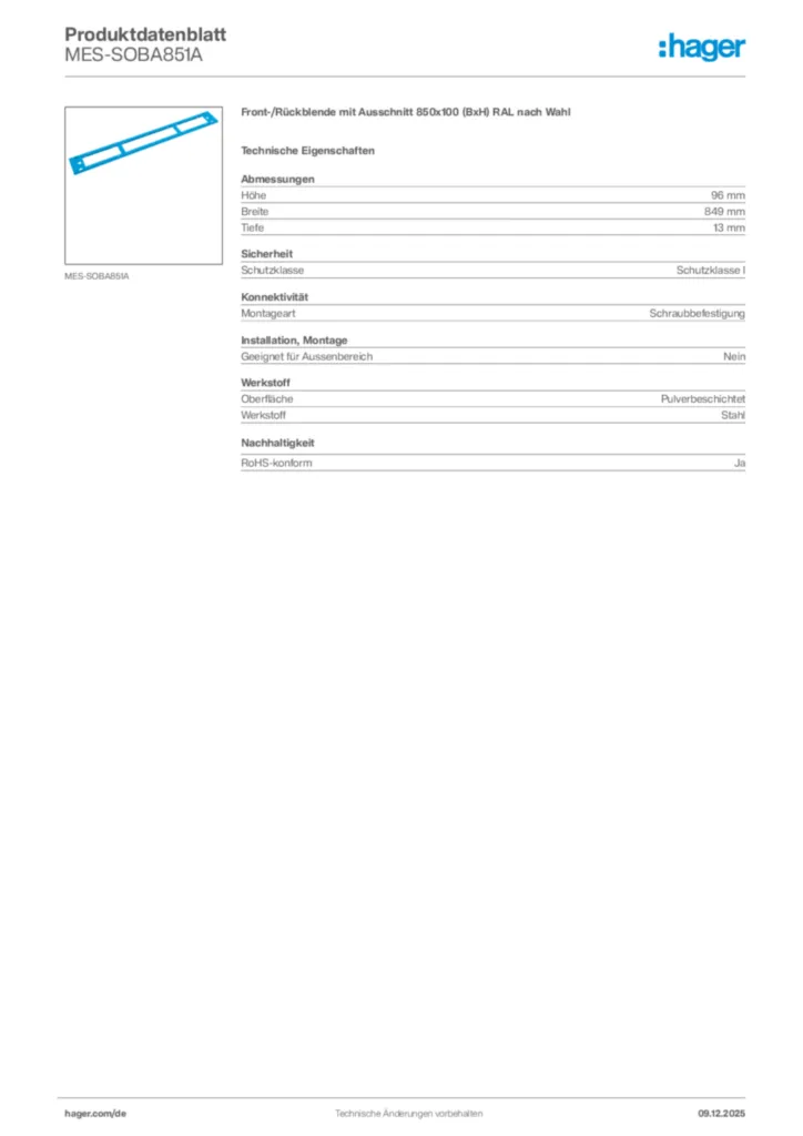 Bild Hager Produktdatenblatt MES-SOBA851A | Hager Deutschland
