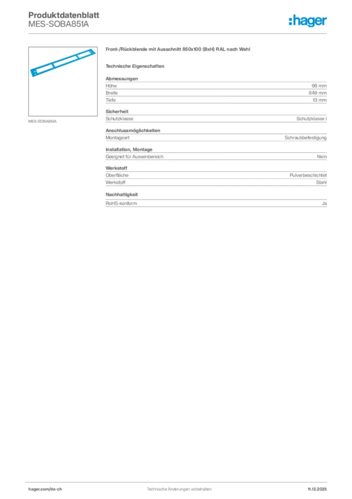 Bild Hager Produktdatenblatt MES-SOBA851A | Hager Schweiz
