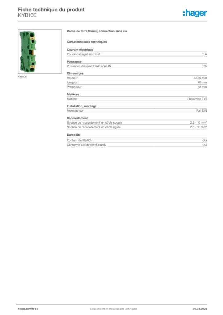 Image Hager Fiche technique du produit KYB10E | Hager Belgique