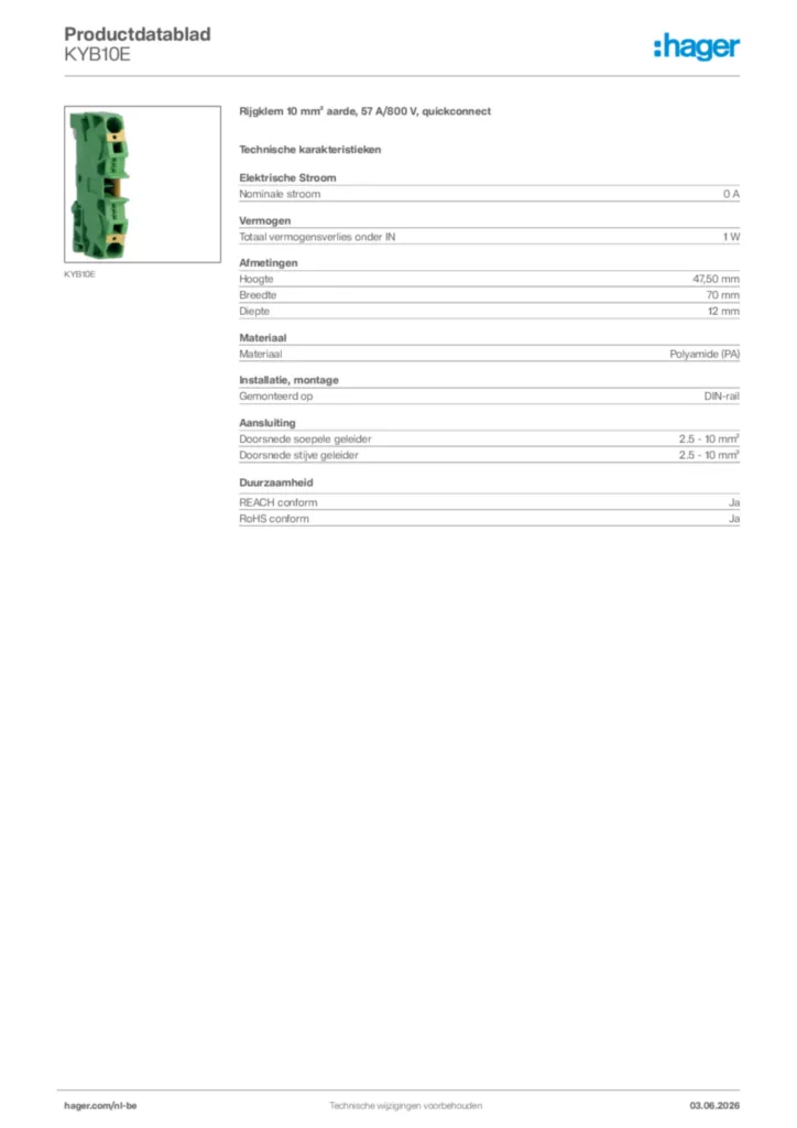 Afbeelding Hager Productdatablad KYB10E | Hager Belgium