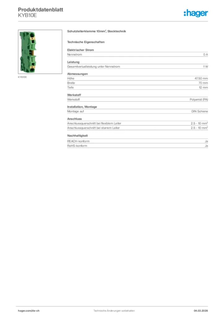 Bild Hager Produktdatenblatt KYB10E | Hager Schweiz