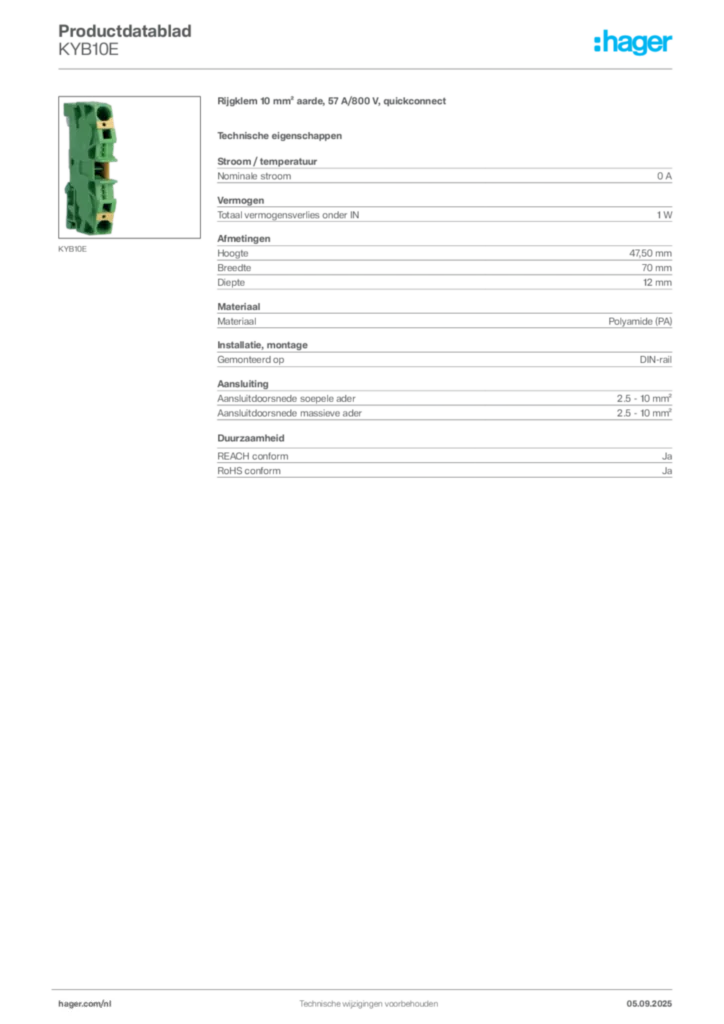 Afbeelding Hager Productdatablad KYB10E | Hager Nederland
