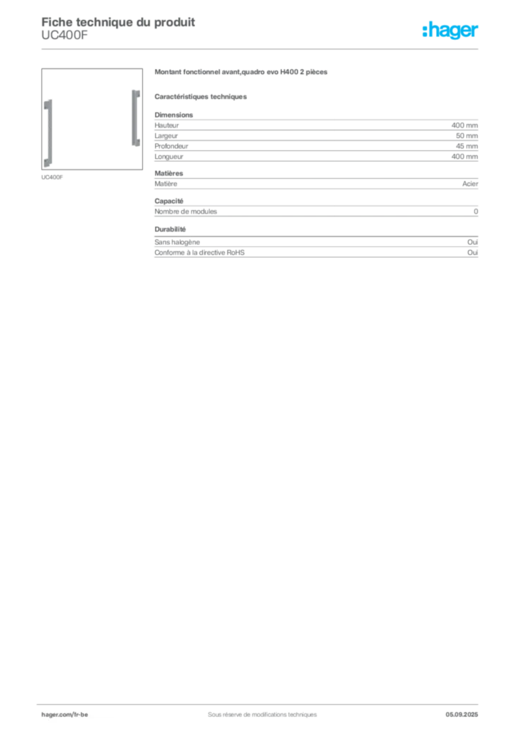 Image Hager Fiche technique du produit UC400F | Hager Belgique