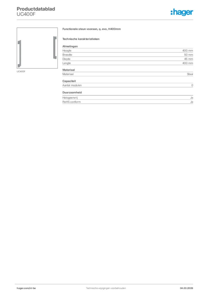 Afbeelding Hager Productdatablad UC400F | Hager Belgium