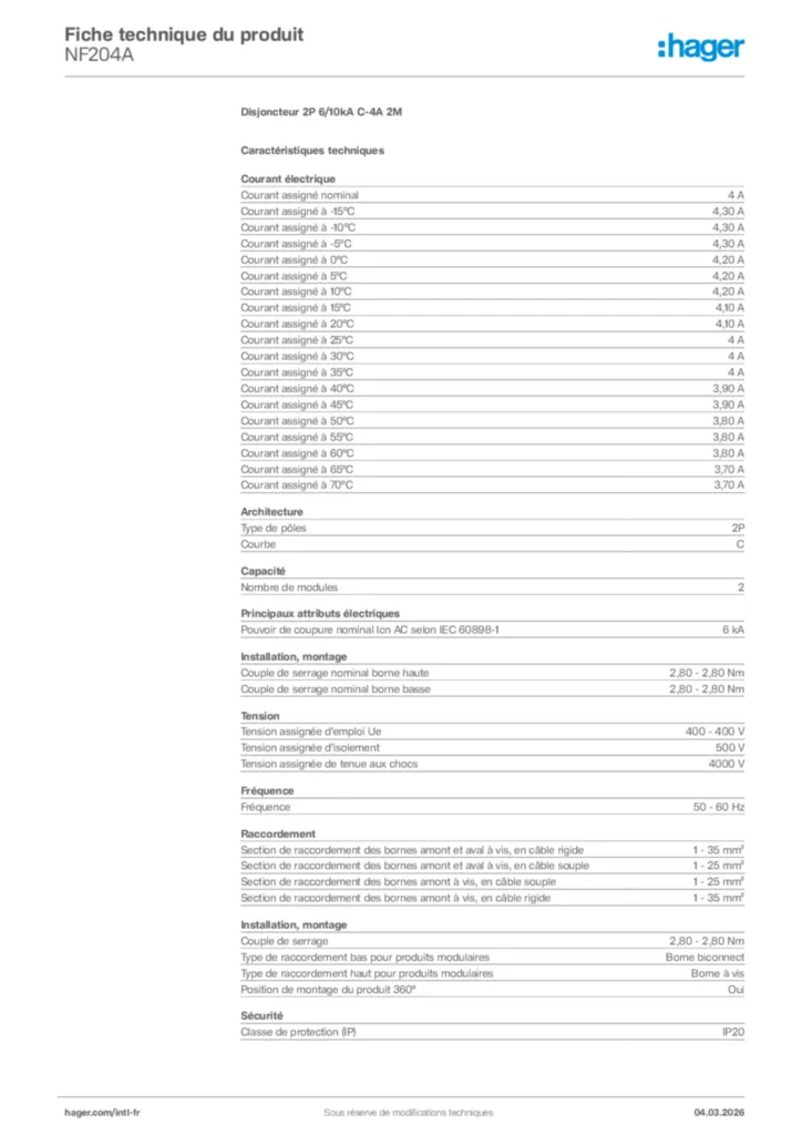 Image Hager Fiche technique du produit NF204A | Hager Afrique
