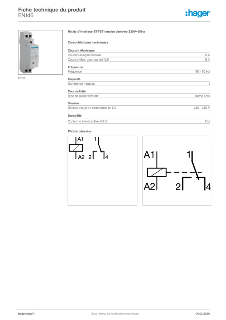 Image Hager Fiche technique du produit EN146 | Hager France