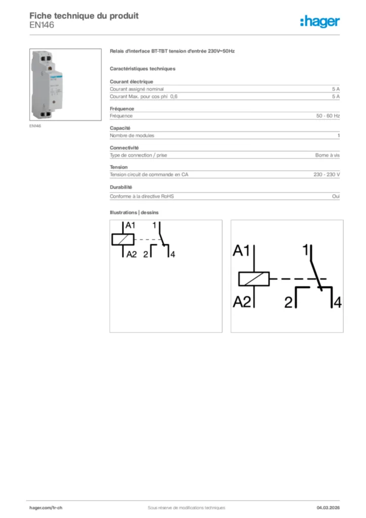 Image Hager Fiche technique du produit EN146 | Hager Suisse