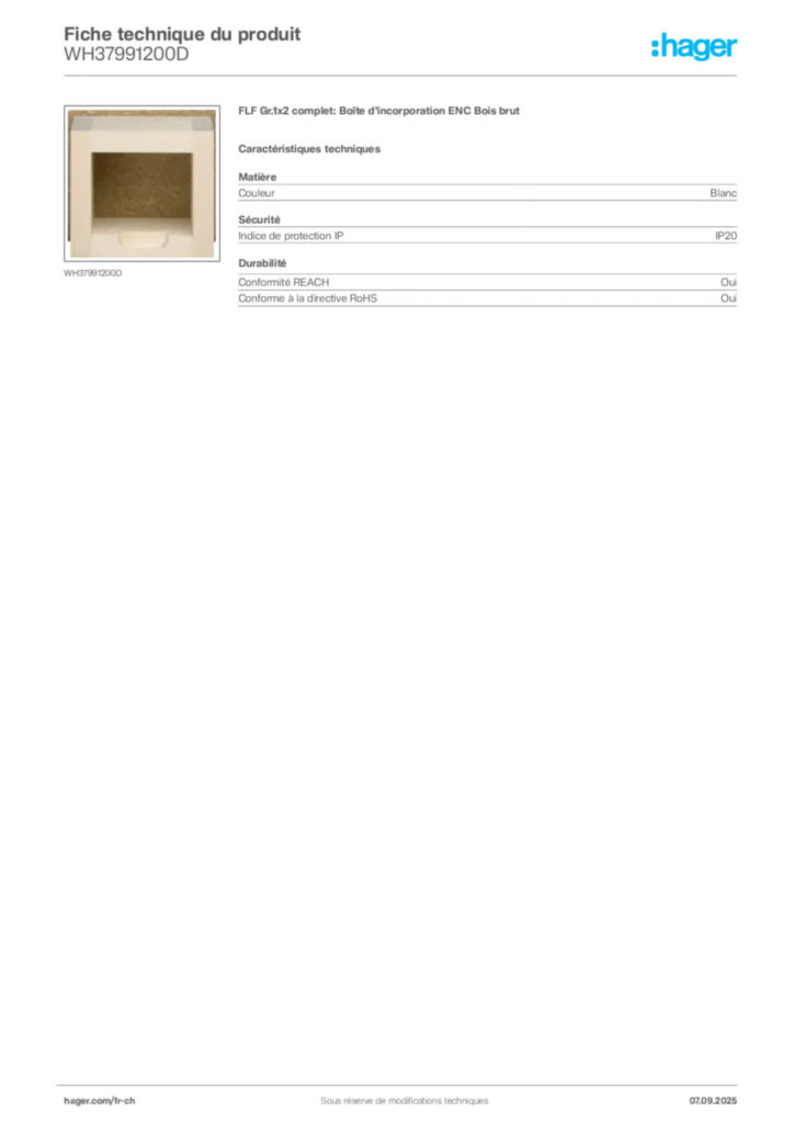 Image Hager Fiche technique du produit WH37991200D | Hager Suisse