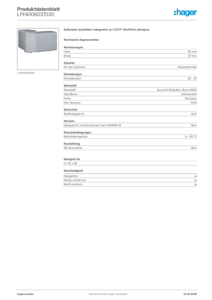 Bild Hager Produktdatenblatt LFF4006037030 | Hager Deutschland