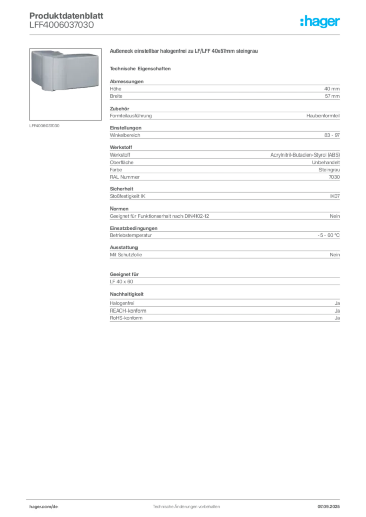 Bild Hager Produktdatenblatt LFF4006037030 | Hager Deutschland