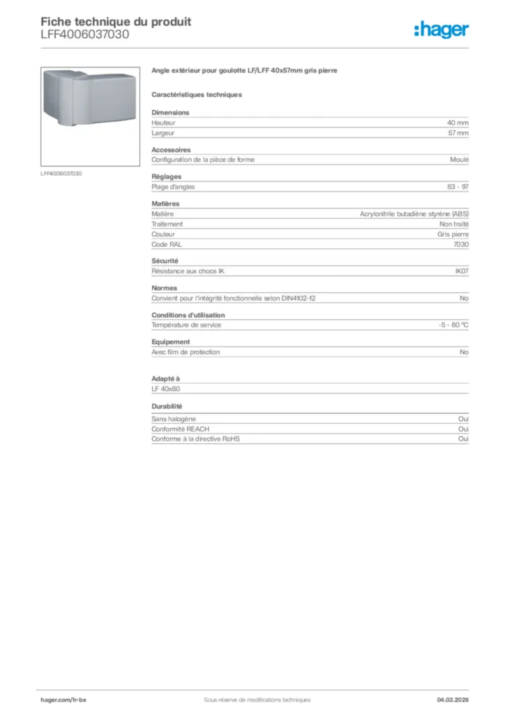 Image Hager Fiche technique du produit LFF4006037030 | Hager Belgique