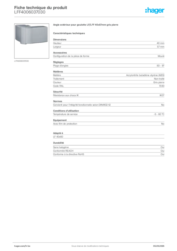 Image Hager Fiche technique du produit LFF4006037030 | Hager Belgique