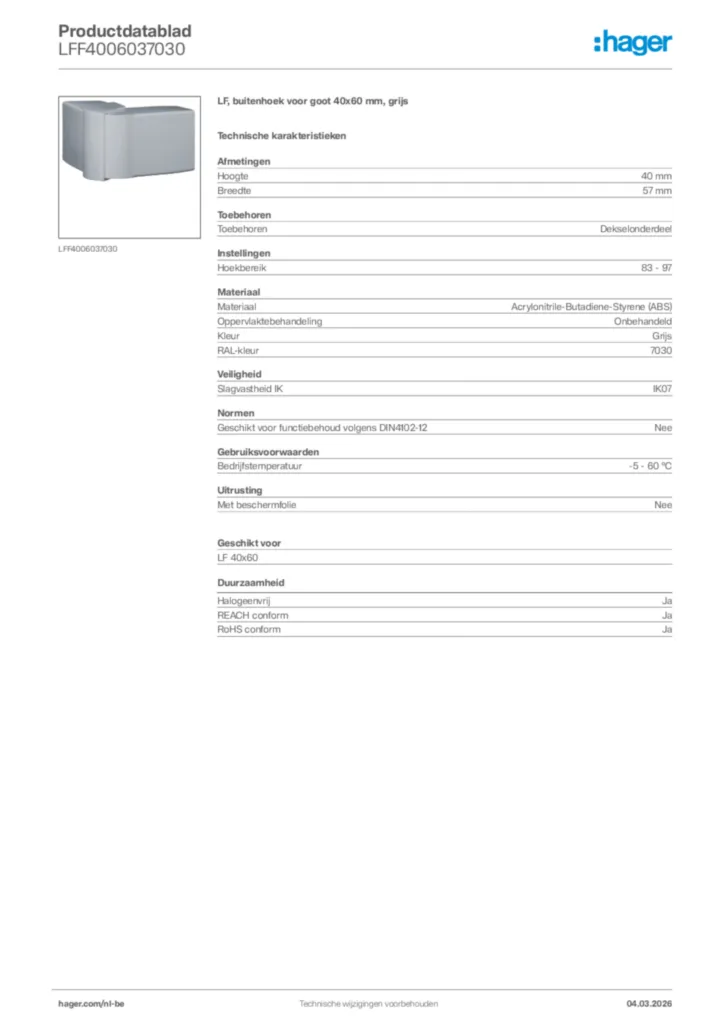 Afbeelding Hager Productdatablad LFF4006037030 | Hager Belgium