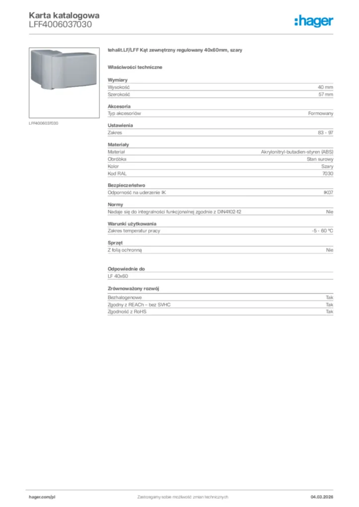 Zdjęcie Hager Karta katalogowa LFF4006037030 | Hager Polska